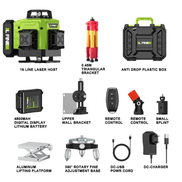 Niveaux Laser Auto-Nivelants Lfine 4D (16 Lignes, 360°) avec Trépied et Mallette – Image 11
