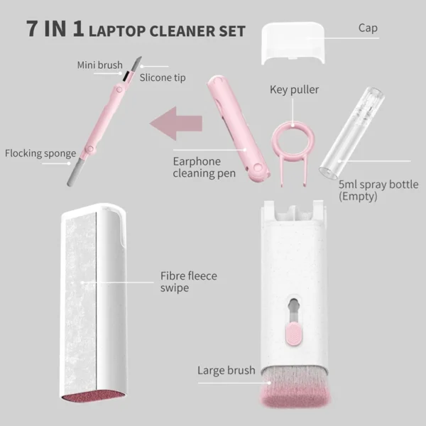 Kit Nettoyage 7-en-1 Clavier, Écouteurs, Écran – Brosse, Stylet, Outils Antistatiques – Image 23