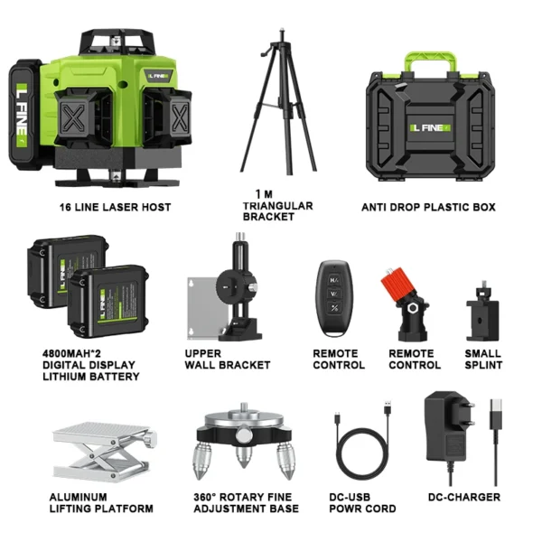 Niveaux Laser Auto-Nivelants Lfine 4D (16 Lignes, 360°) avec Trépied et Mallette – Image 9