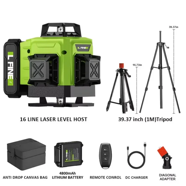 Niveaux Laser Auto-Nivelants Lfine 4D (16 Lignes, 360°) avec Trépied et Mallette – Image 7
